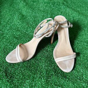 Schutz Nude Stiletto Sandals Double Wrap Rhinestone Ankle Strap Heels Women 7.5